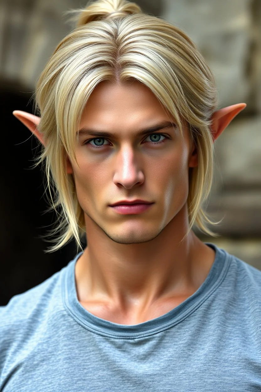 A portrait of an attractive stern bat with wig, shoulder-length blond hair tied in a tight knot, pale skin,light green eyes, muscular build, wearing grey t-shirt