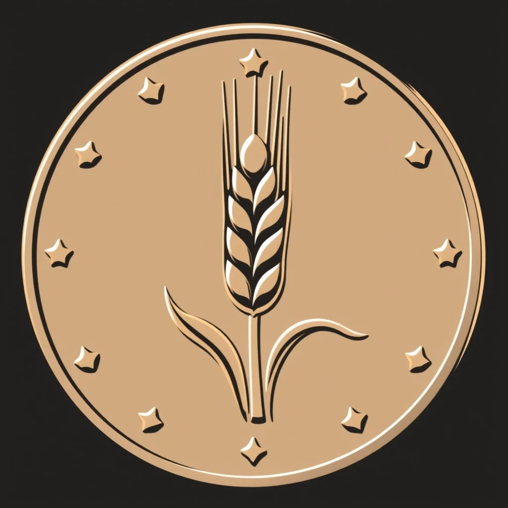 logo of a coin with a wheat sheaf engraved on it, high contrast vector