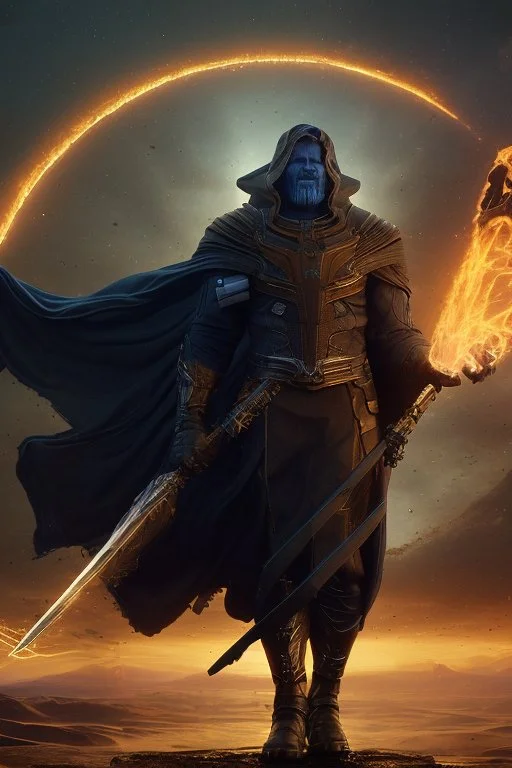 Thanos is the god of power and evil The commander wears a black cloak and a long coat with long combat boots and a long spear with a hat under his cloak with blue flame eyes, a sword like a spear The sun in the palm of a brave man in the middle of the desert