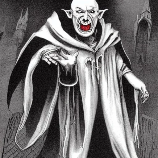 Nosferatu vampire with white skin and horns on the jaw with giant mouth full of fangs as Russian Orthodox