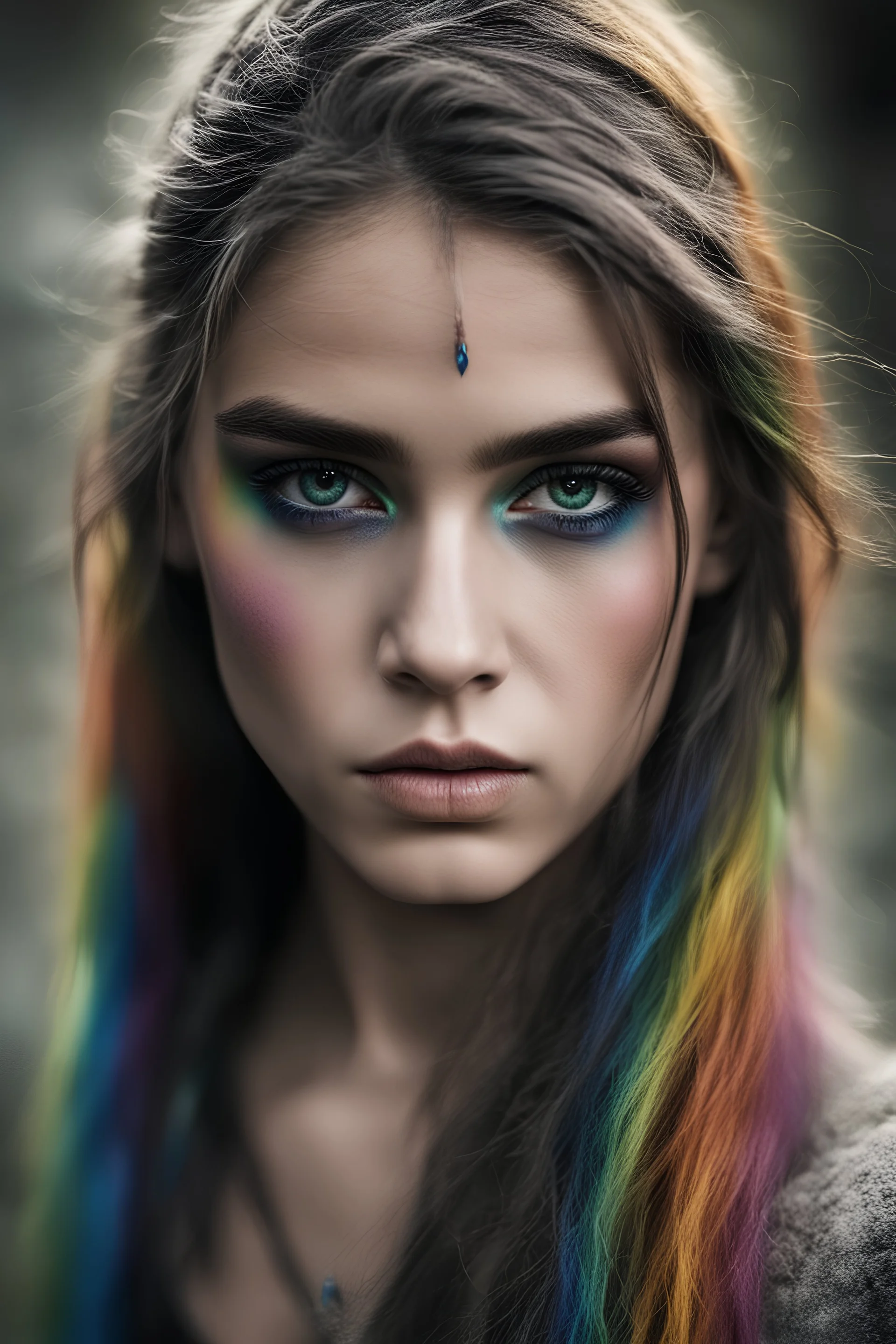 Photoreal gorgeous shot of beautiful girl with multi-colored eyes, warrior, strong, sad, resilient, vivid vertical rainbow on left side only forehead from hairline to eyebrow, long black tears below both eyes, full body, forgotten realms fantasy style by lee jeffries, otherworldly creature, in the style of fantasy movies, shot on Hasselblad h6d-400c, zeiss prime lens, bokeh like f/0.8, tilt-shift lens, 8k, high detail, smooth render, unreal engine 5, cinema 4d, HDR, dust effect, vivid color