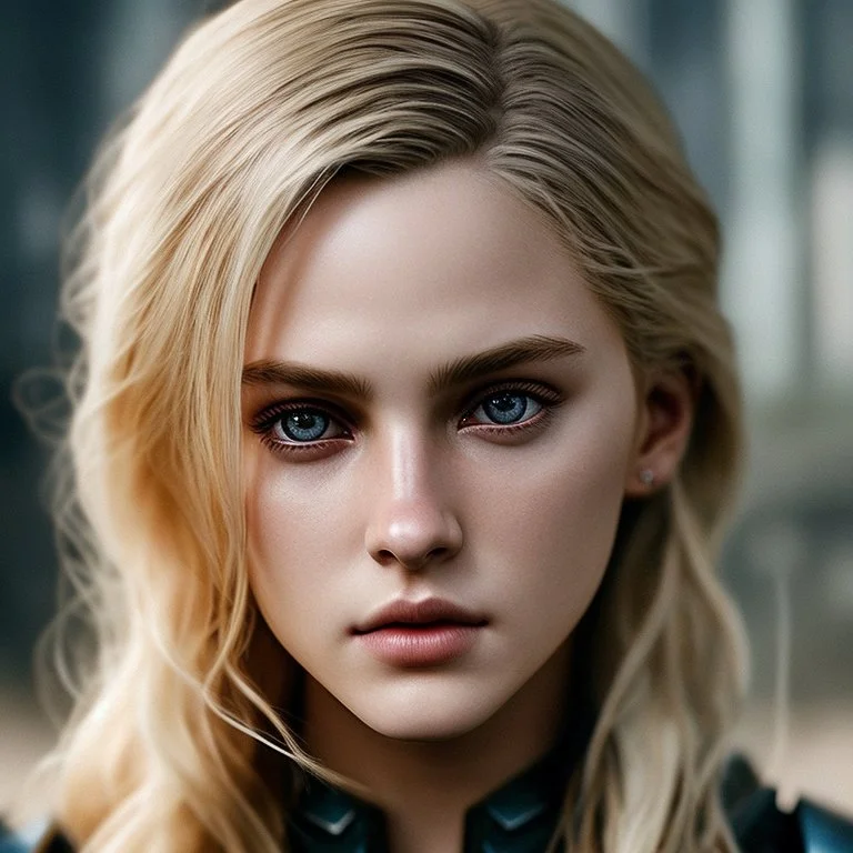 Prhotorealistic close-up of a beautiful blonde warrior with dystopian clothes and background