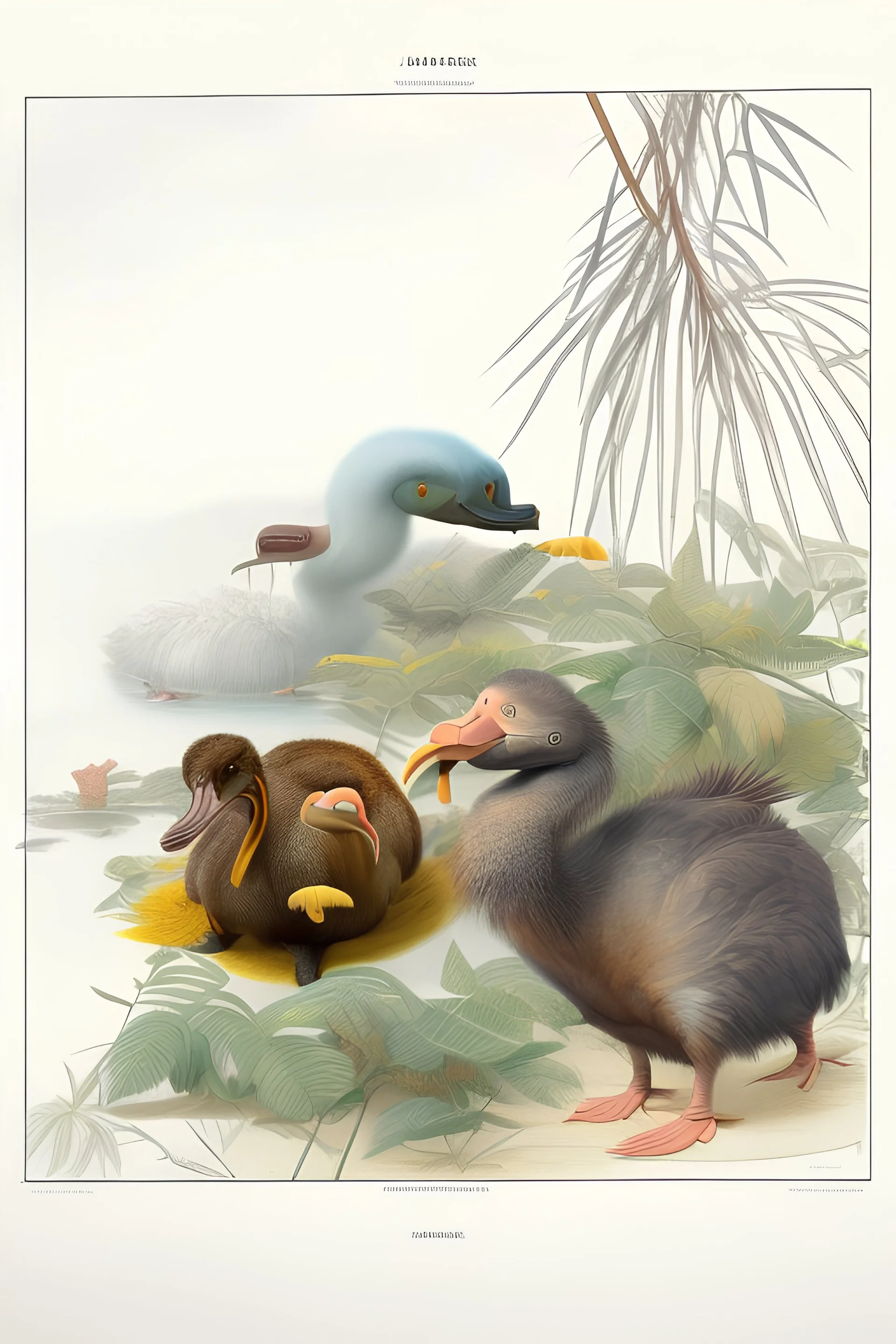 John James Audubon-like illustration of a fully uncropped Dodo bird and a Platypus in a landscape of warm yellows, warm reds, and warm blues