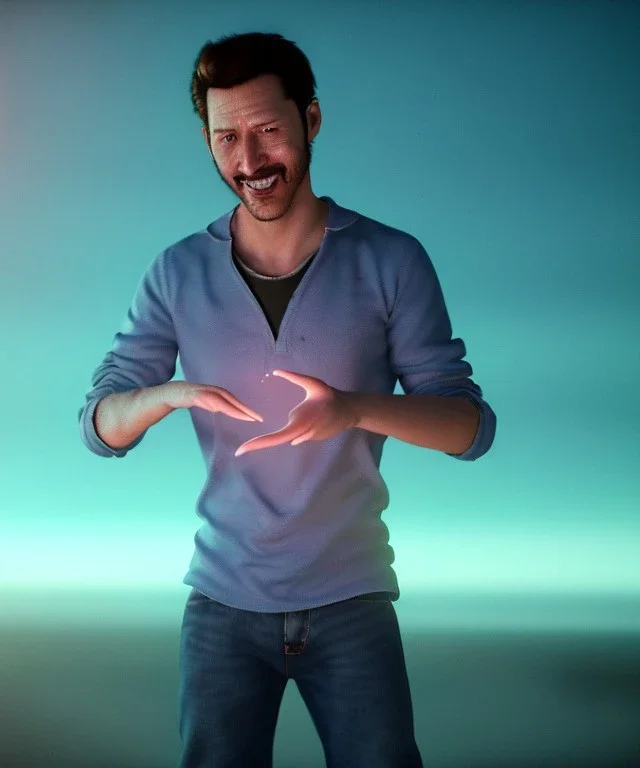 Realistic image, waist up view, a guy making the fuck you gesture with his hand, blue smoke coming out of his eyes, nose and mouth. Happy, smile, soft color, highly detailed, unreal engine 5, ray tracing, RTX, lumen lighting, ultra detail, volumetric lighting, 3d, finely drawn, high definition, high resolution.