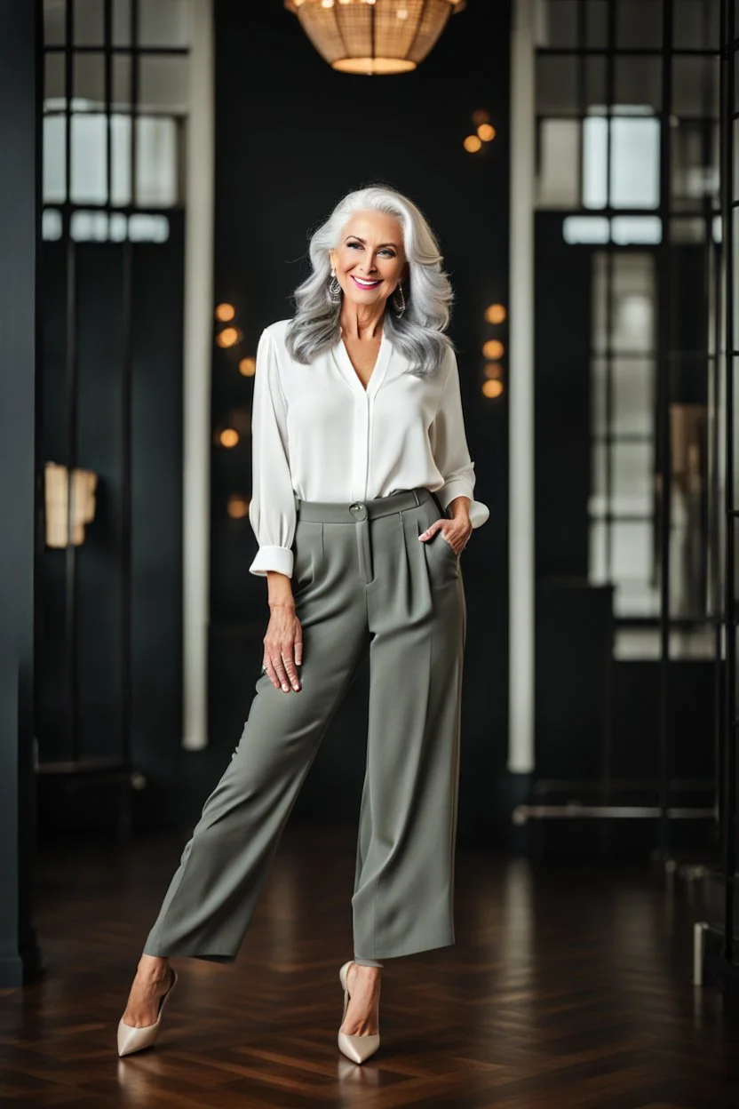 full body of very beautiful lady wearing pants and bluse ,white gray hair ,standing idle happy pose in studio pretty makeup