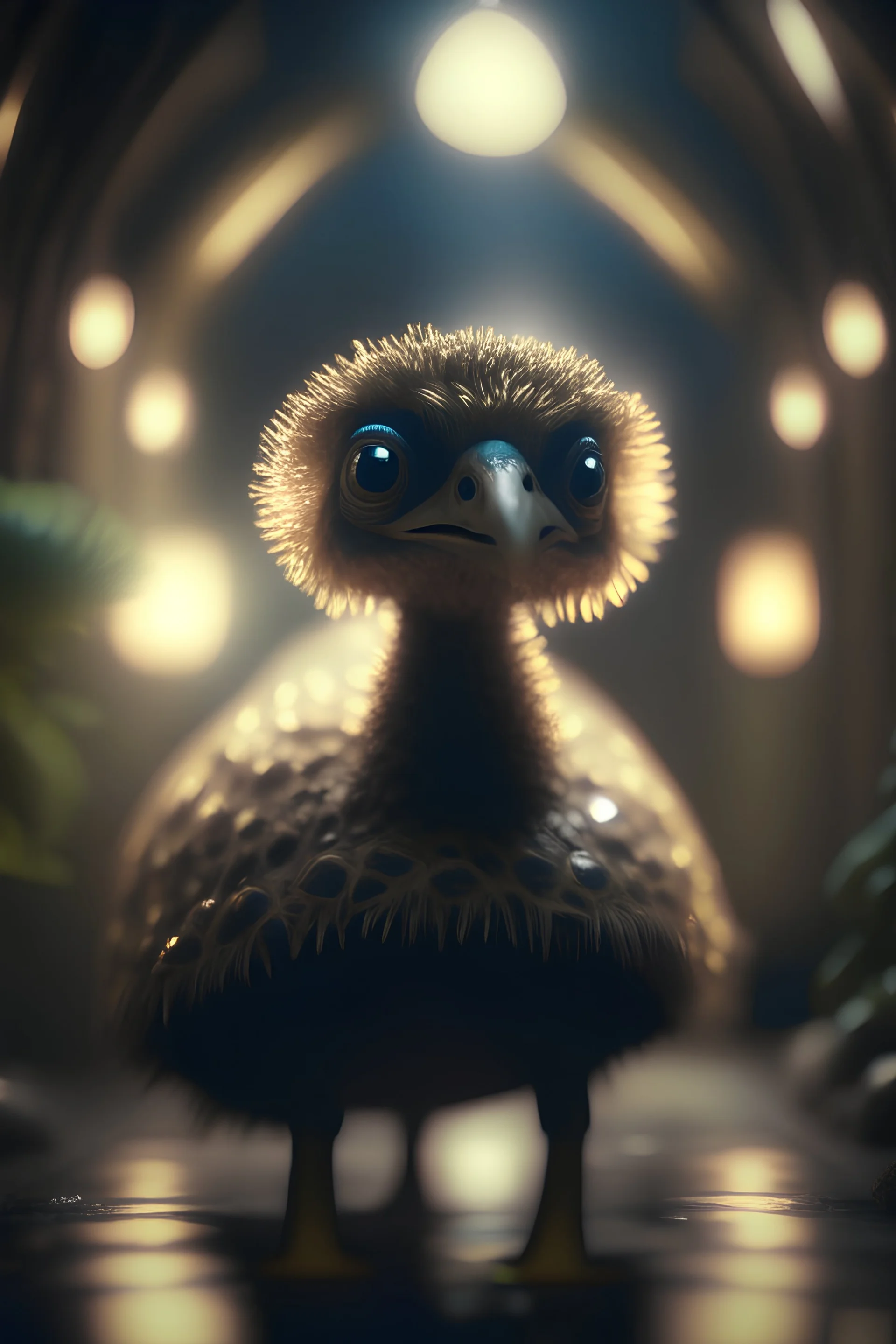 Ostrich turtle with friendly cute face and hair locks in dark lit reflective wet jungle metallic hall dome hotel tunnel, in the style of a game,bokeh like f/0.8, tilt-shift lens 8k, high detail, smooth render, down-light, unreal engine, prize winning