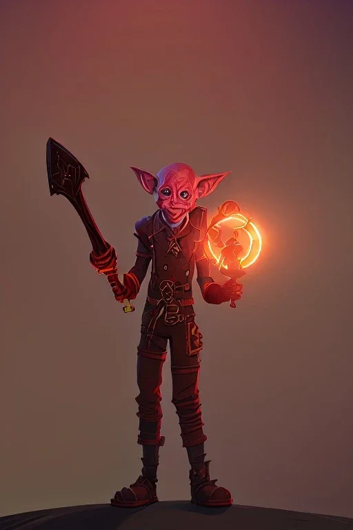 goblin holding an axe under a red moon in a city in a steampunk style