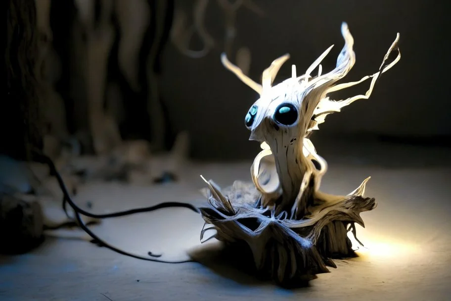 Little sculpture of a strange creature made with concrete and driftwood and mother-of-pearl and low voltage filament lit