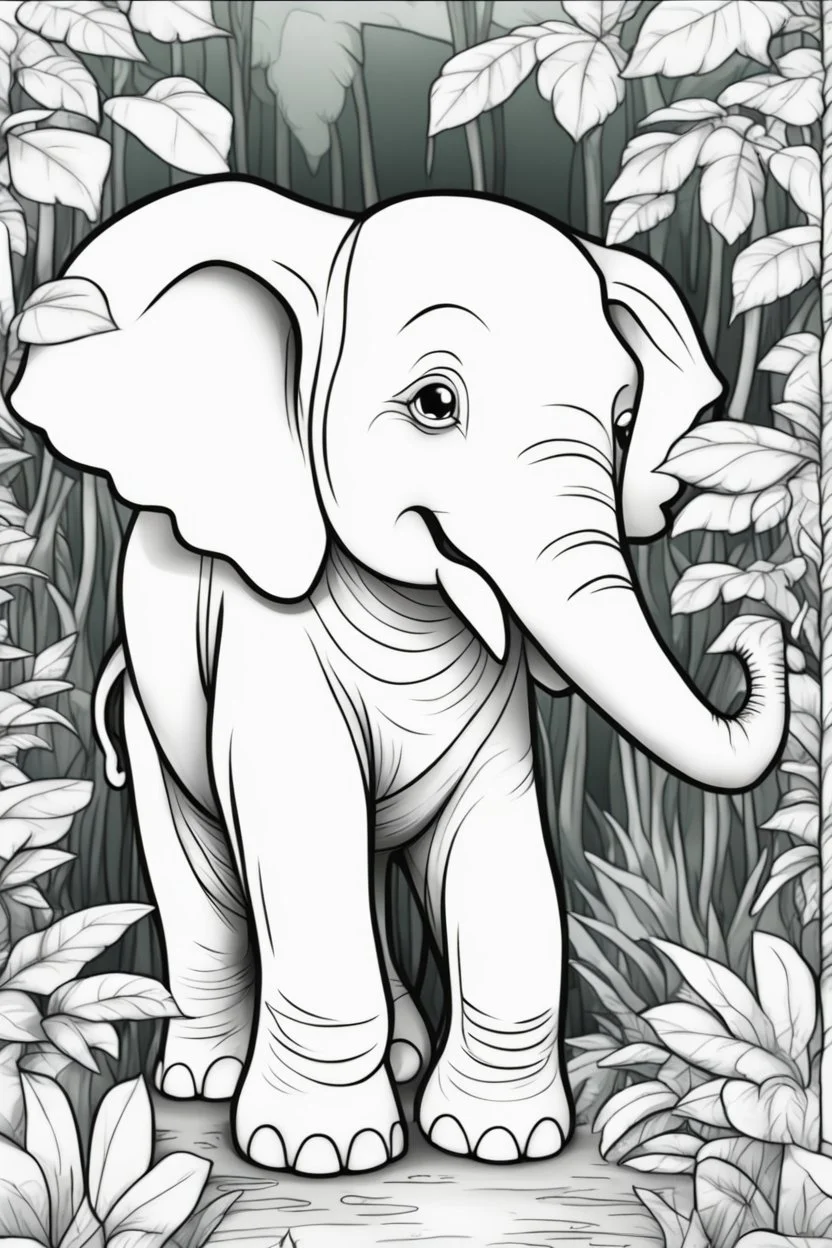 coloring page for kids, Gentle elephant in a lush peaceful jungle, cartoon style, thick outline, low details, no shading, no color