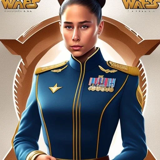 Abella Danger, star wars black uniform, imperial navy officer clothes, movie poster, heroic gaze, neat hair, wide angle lens, full torso, intricate, detailed, hand-painted, realistic, perspective from below