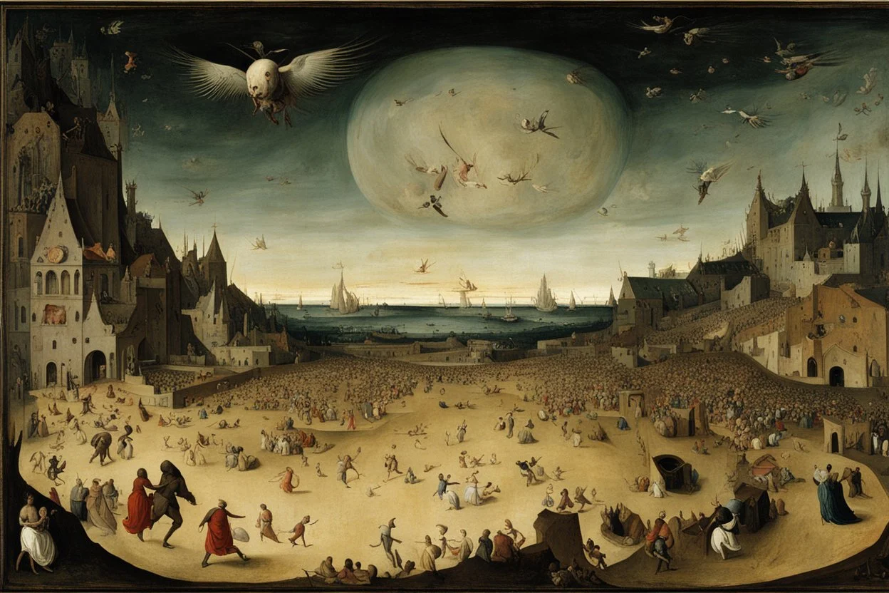 View of Elysium with dark female flying around over people running away in fear, Hieronymus Bosch