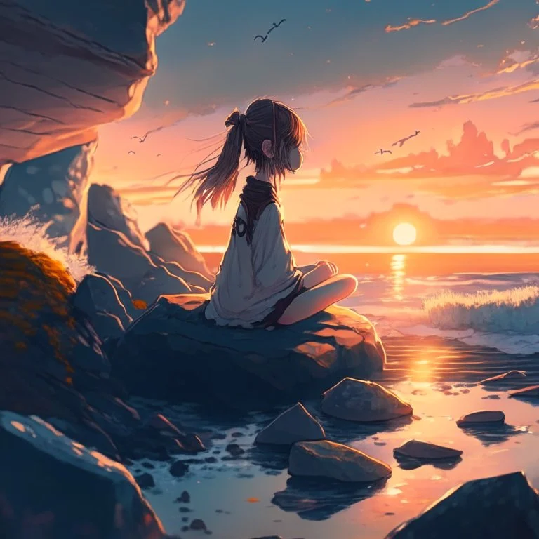 A girl is sitting on the edge of the rocks by the seashore and is meditating. The sun is setting, digital art, anime, 4k, full details