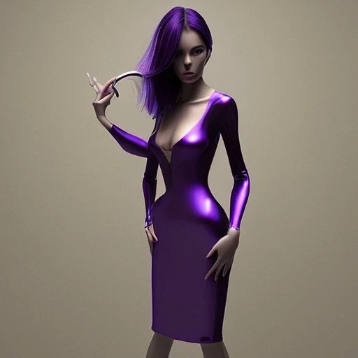 alluring slim witch of darkness in tight purple dress with very long brown hair and bangs