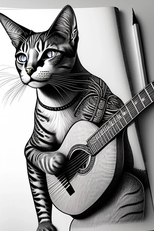 One single mature Siam cat, friendly, playing guitar, vienna, sunny day, perfect iris, model style, hyper realistic, extremely accurate, delicate, extremely detailed, Graphic novel style, wide-angle, open aperture, superfine pencil