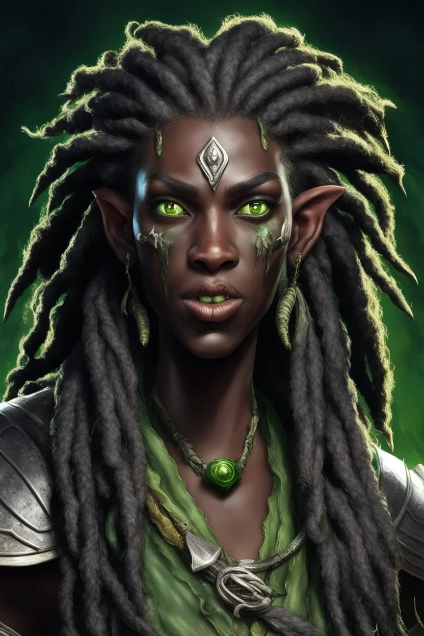 generate a dungeons and dragons character portrait of a female beast-human with black skin, dreadlocks, green piercing eyes, fangs and a thick nose