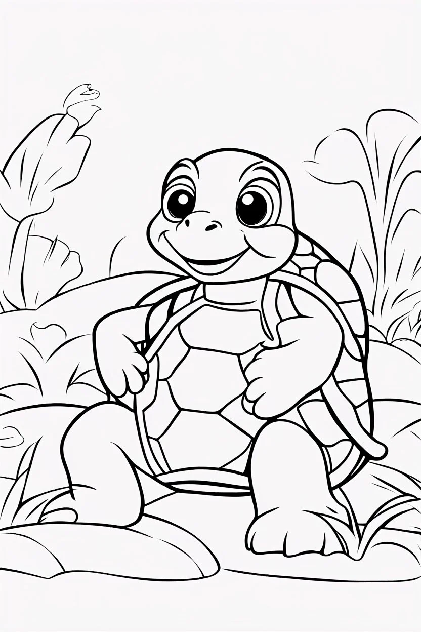 blank colouring book, white blank background, simple picture for toddlers, sweet and smilling turtle pet, disney and pixar style