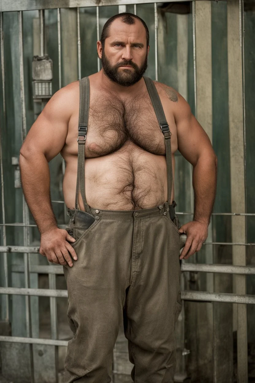 full figure photo, two burly big chubby sicilian plumber, dirty, ripped overalls, 33 years old, crossed arms, shaved, short beard, manly chest, very virile, hairy, manly arms, ugly, big thighs, under the shower, sunlight , photorealistic, 35mm lens, ultra detailed