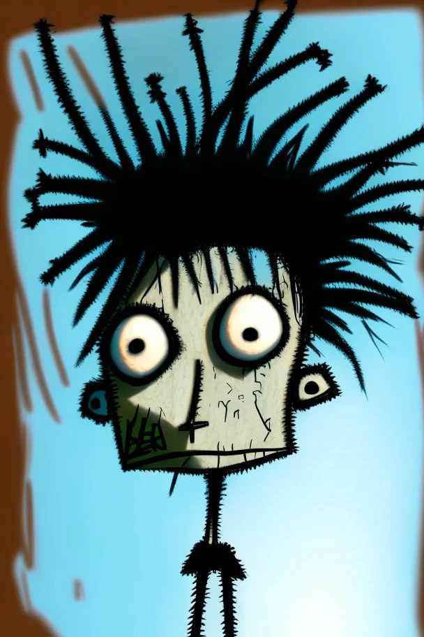 2d drawing of a stickman, cool with punk hair, x eyes like in hangman, standing, slightly bended over and looking back into the camera, close-up ,3d realistic in colour