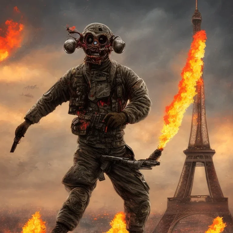 fantassin zombie lance flammes, armée française, bonbonnes napalm dans le dos, yeux rouges, Tour Eiffel en fond. Tour Eiffel endommagée. Explosion nucléaire en fond. Uniforme noir sale et déchiré. deux bras. deux jambes, un torse, un visage. 4k. Rue de la ville de paris. Rue en flammes. Réaliste