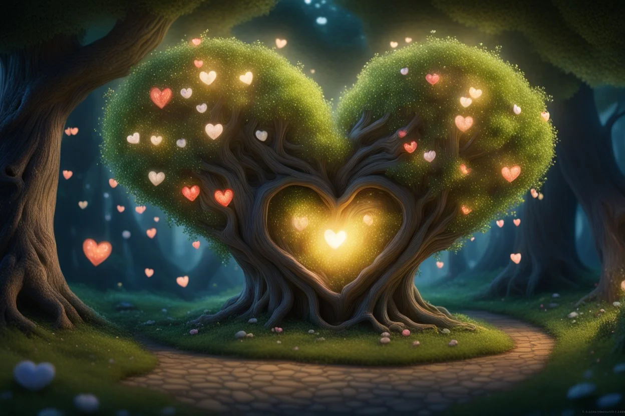 Loveheart-shaped_tree, fairies_living_freely_inside_the_tree's_heart, small _fairy_village_lit_by_fireflies, insanely_detailed, photorealistic, beautiful_light_and_shadows, peaceful, a_magical_fairytale Modifiers: Nikon D850 digital painting elegant dof extremely detailed Award winning photography fantasy studio lighting intricate 8k oil on canvas cinematic lighting photorealistic dynamic lighting award winning fantastic view close up hyperrealistic ultra detailed 4K 3D crisp quality Unreal Engi