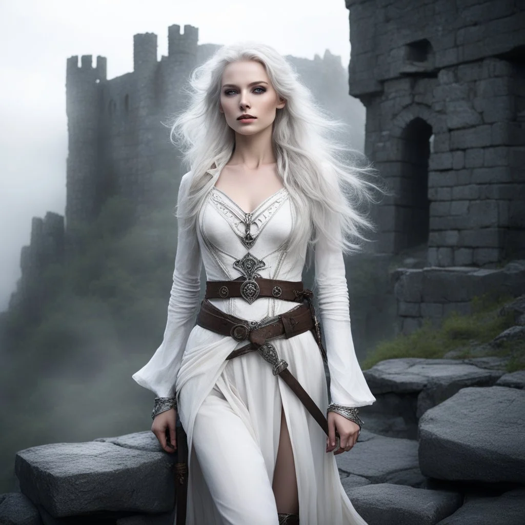 she has ethereal beauty amidst the mist-shrouded ruins of a stone castle. Her pale skin and white hair shimmered like moonlight. Clad in a white tunic, brown pants, and a leather belt with mysterious pouches, she stands, her silver dagger in hand, in the desolate landscape. her leather bracelets and corset, like a second skin of dark magic, witnesses of the countless battles she won Record of Lodoss War style, Linework: Expressive, expressive black ink line art with variable stroke weights. Cris