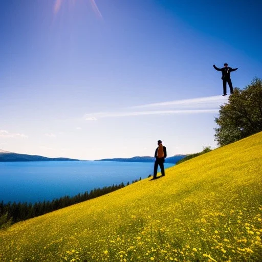 a man standing on top of a hill next to a lake