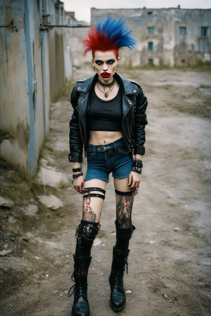 photo of a beautiful Polish young punk woman taken by a Mamiya M645 camera with portrait lens on colour medium-format film, red lips, blue eyes, red mohawk, black leather jacket, Ramones style, heavy boots, fishnet stockings, torn t-shirt, nosering, few earrings, belly ring