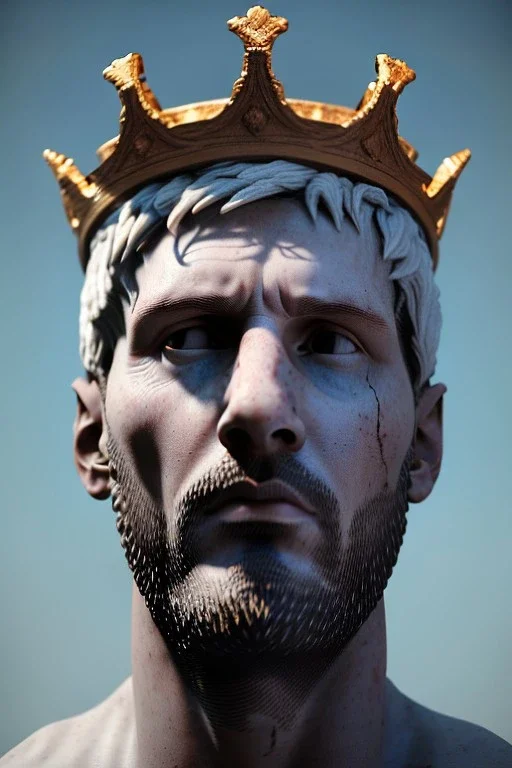 Ultra Realistic image, Roman sculpture, white marble material, Lionel Messi, gold crown of natural thorns, god crown, Renaissance style, sun rays background, waist up portrait, epic, celestial, cinematic lighting, God lights, 4k resolution, smooth details, soft lighting, unreal engine 5, art station, substance 3d.