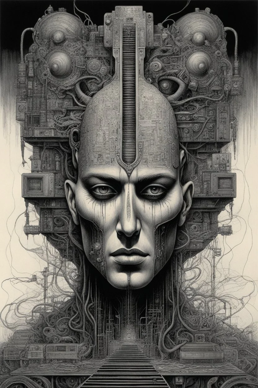 The face of a man with a Indian fathers on head with computer chips and a smoke in the background dark a thin line draw ، front view camera, decayed and rotting with grotesque proportions and imagery. surreal horror, biomechanical design, by hr giger and beksinski , fine lines draw