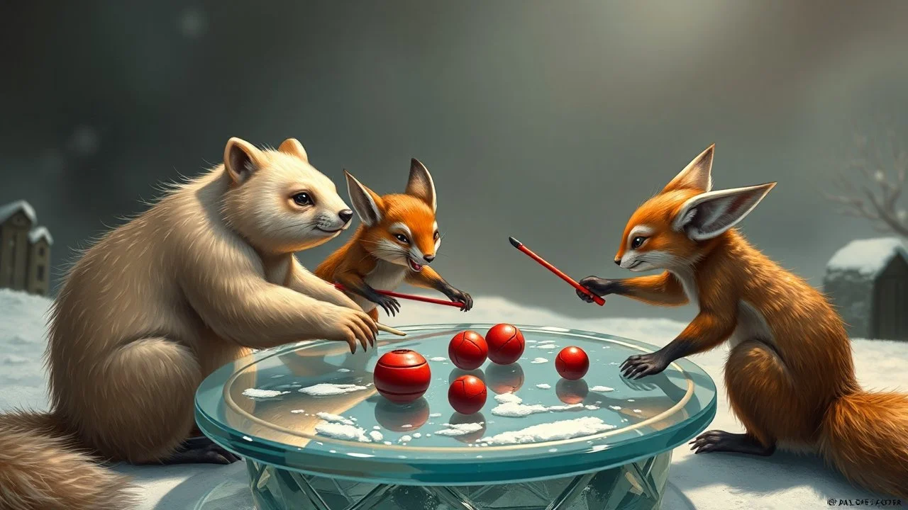 ice bear squirrel gremlin foxes playing land hockey on glass table on ceres