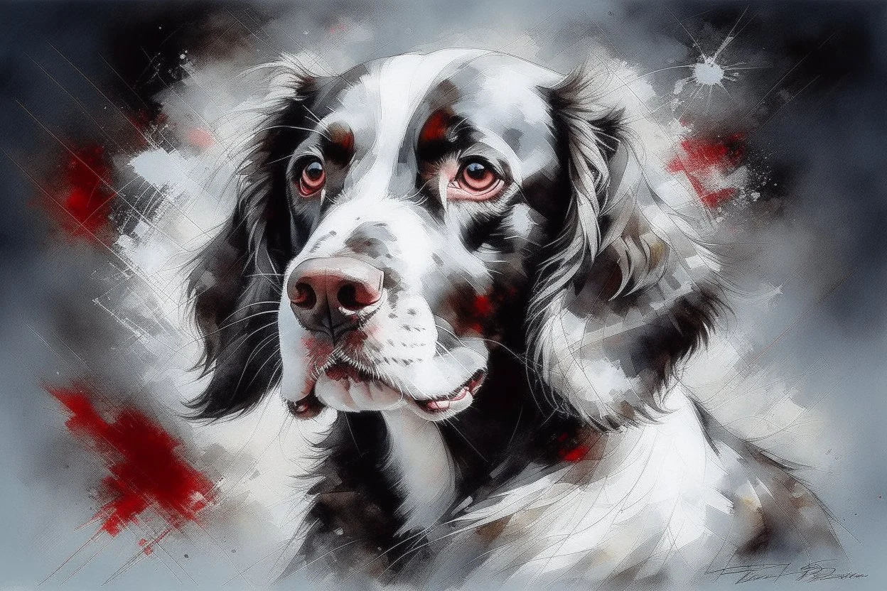 A portrait of a springer spaniel by Willem Haenraets, loose watercolour, wet on wet and splattering and dripping techniques, centred, perfect composition, abstraction, colours of grey and cream