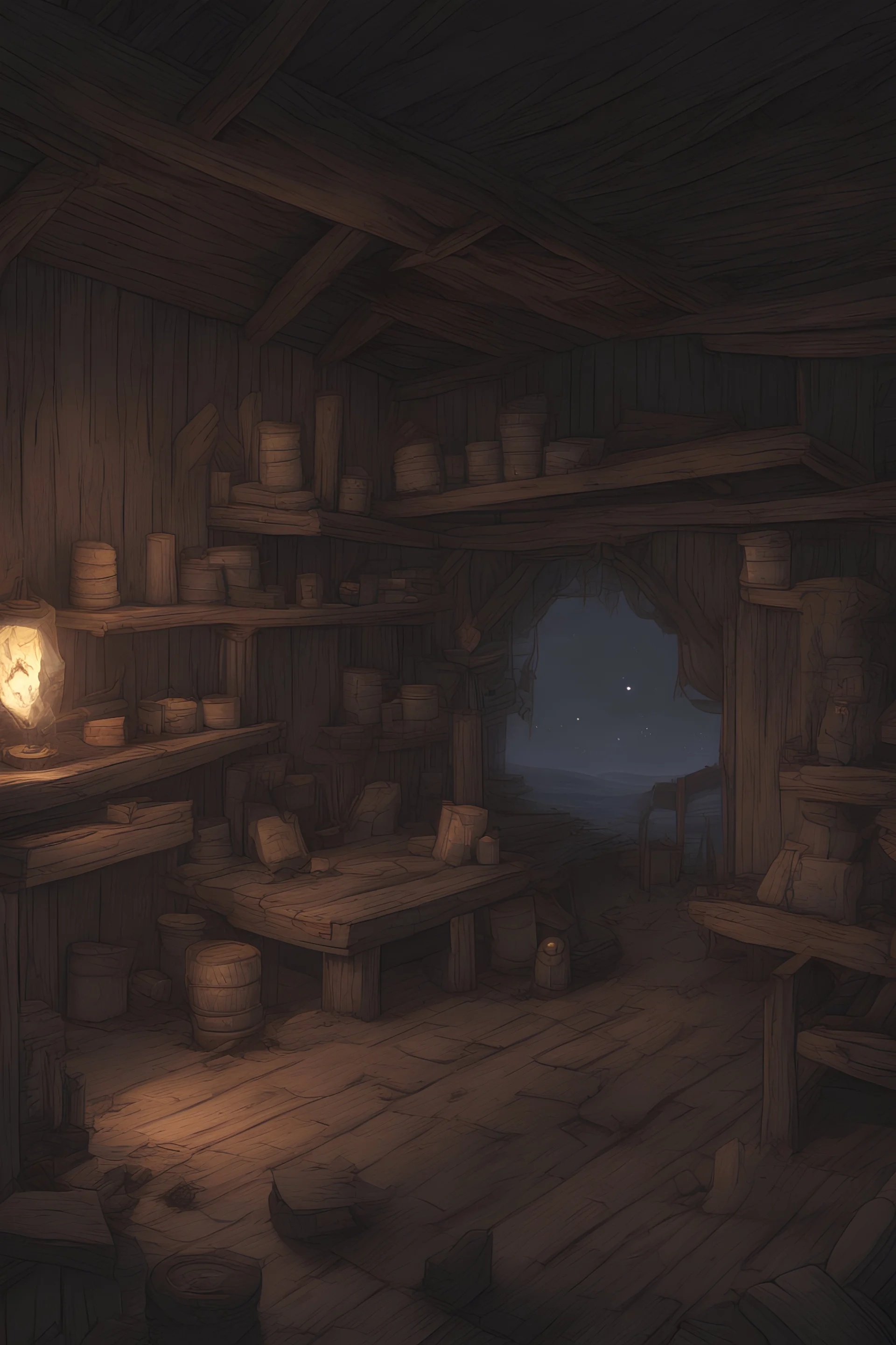 Dnd background, inside of a shack night time