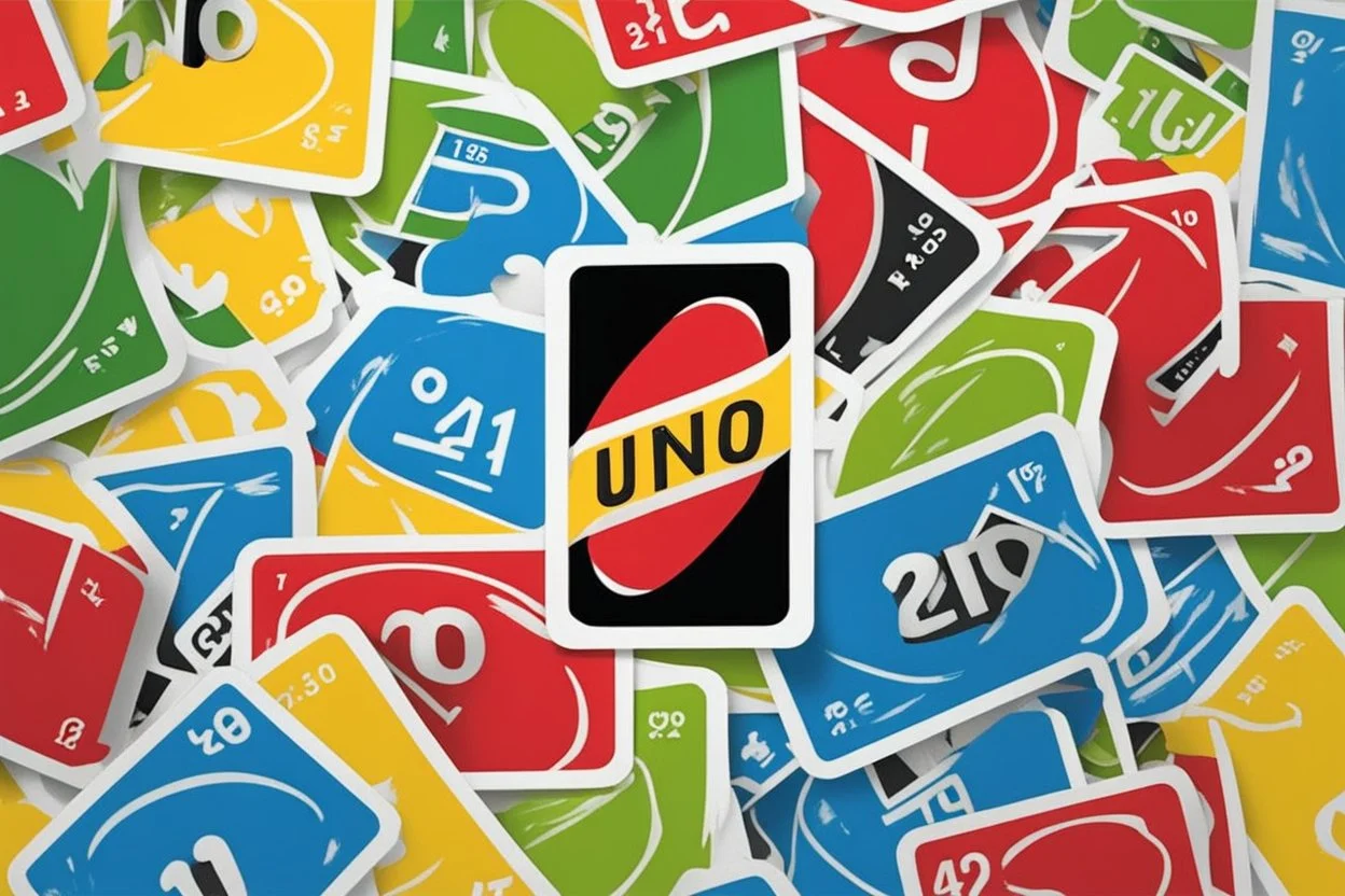 Create a vibrant and engaging image for Uno cards themed slides. Include iconic Uno card elements such as colorful numbers (0-9) and action cards (Skip, Reverse, Draw Two, Wild) of colors blue, green, yellow and red. Use a balanced composition and vibrant color palette to make the image visually appealing for presentation slides.