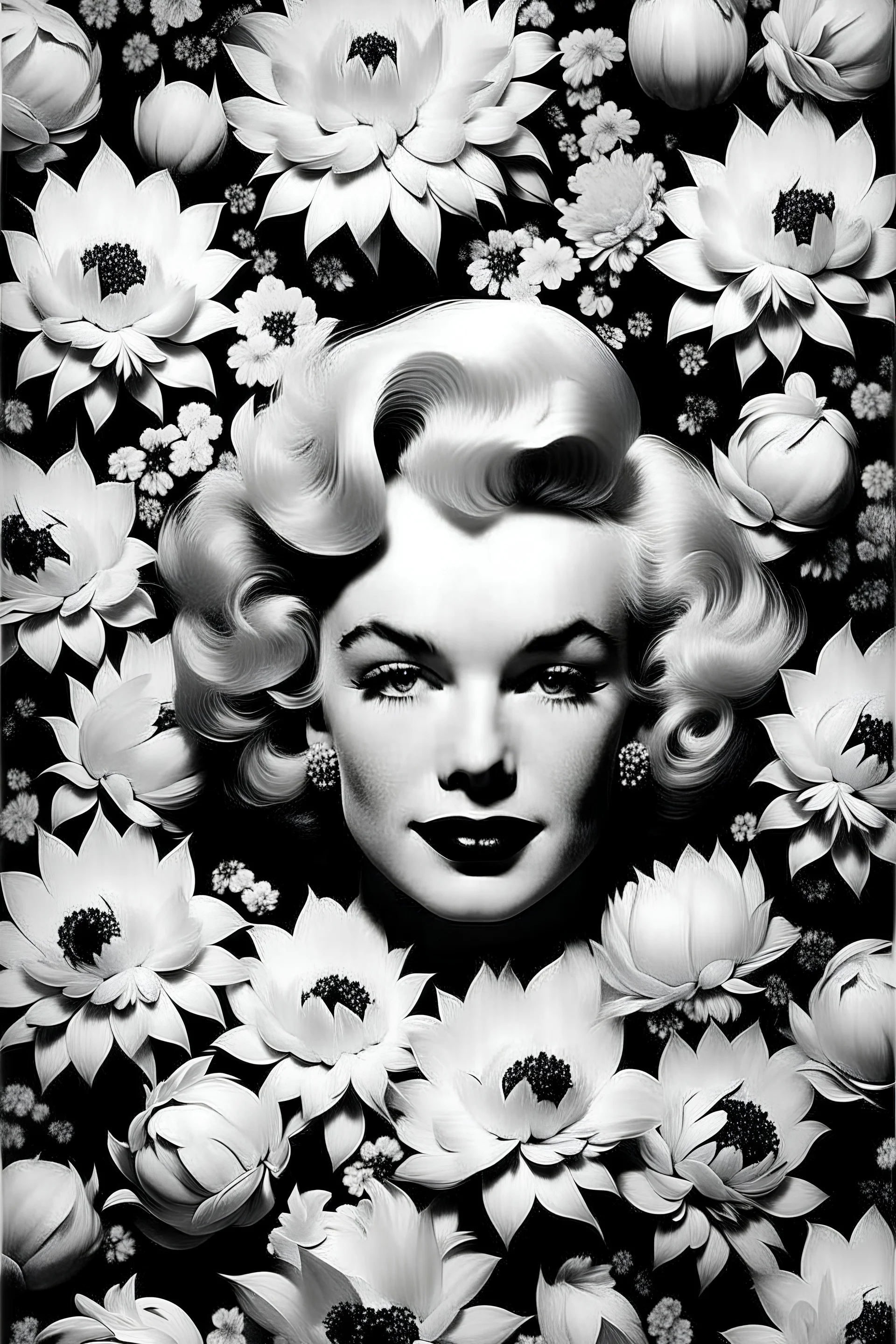 créame una imagen de fondo de flores y que el centro sea Marlyn Monroe y que ella sola este en blanco y negro las flores estén en colores