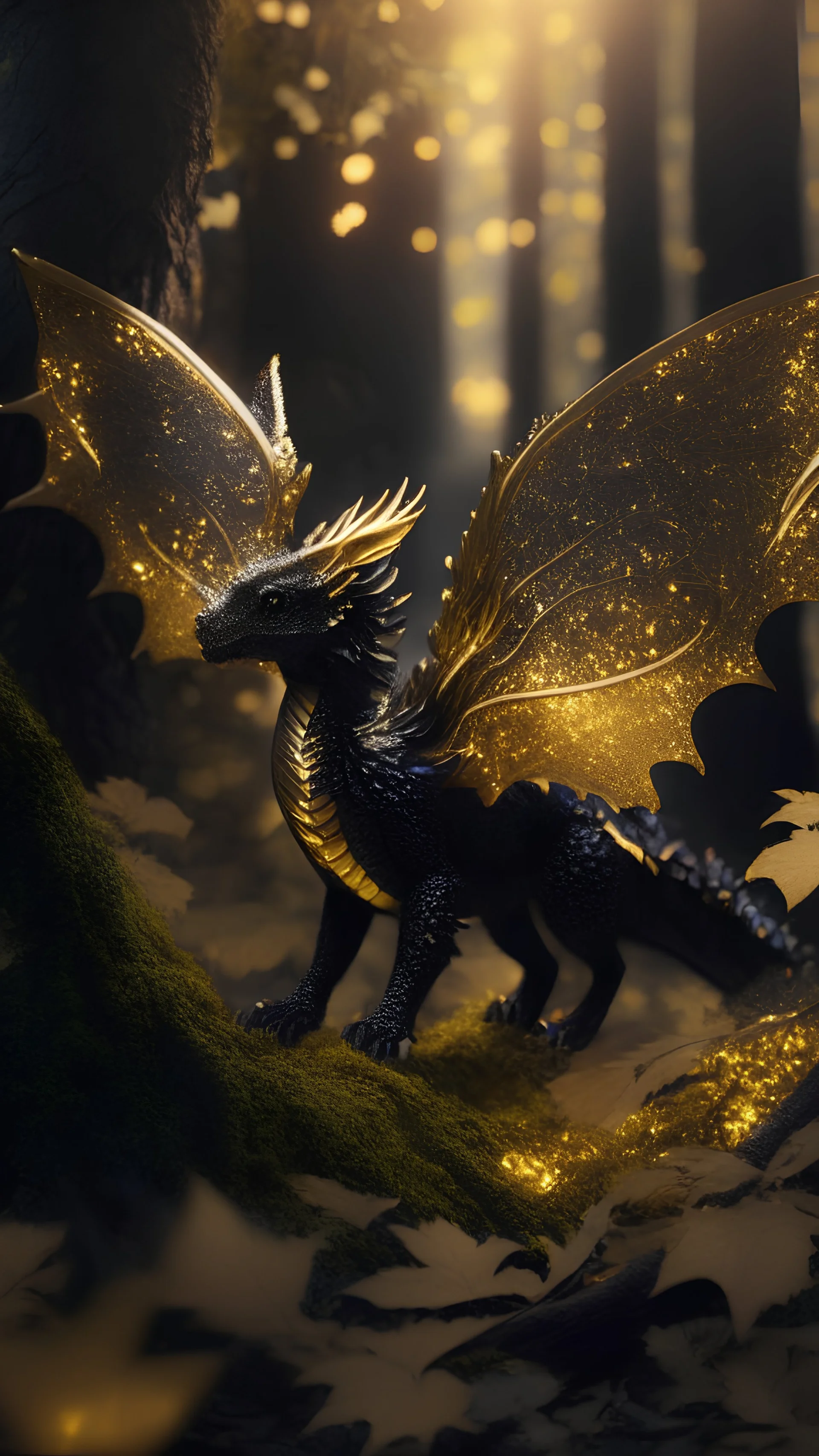 Photoreal close-up of enchanted black baby dragon with full body and wings in a golden forest shrouded in sparkling luminescent mist.