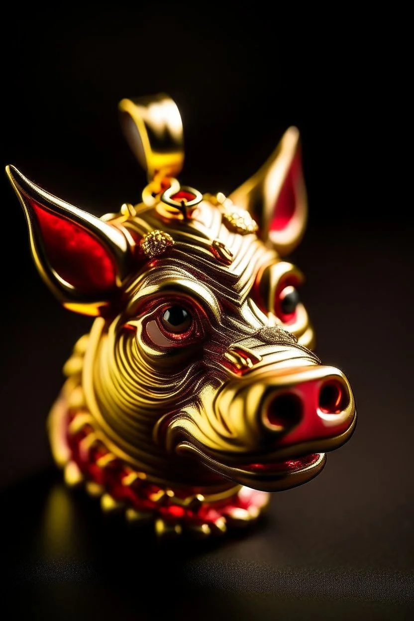 A pendant for a necklace, big Pumbaa from the lion king with big tusks in gold, eyes made of ruby