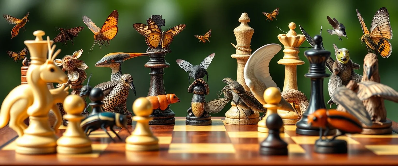 chess board full of animals and insects instead of pieces
