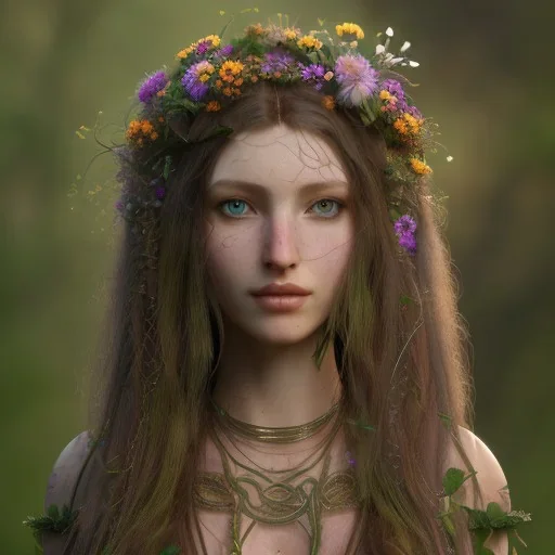 A beautiful female celtic druid with hair made out of flowers, digital art, HD, 8k, high definition, very high quality, detailed eyes, nature, druid, fantasy