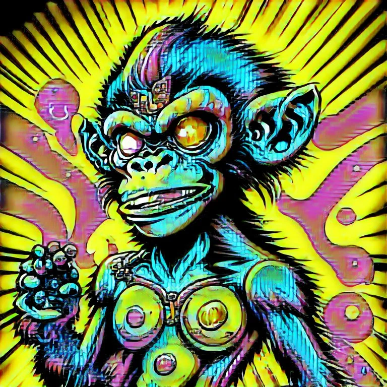 Mojojojo chimpanzee alien hybrid villain, expportrayed digital illustration of cartoonist animation style, 90s cartoon animation, hand drawn, lisa frank coart gross art, pop punk, 90s anime inspired, airbrushing, post modern, horror cut, gradient chrome abberations, retro weird drawings