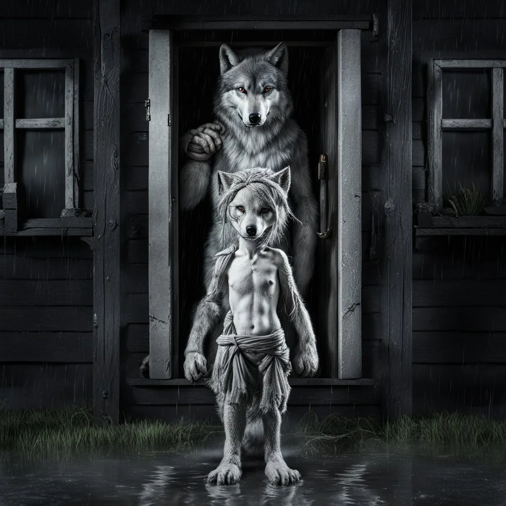 a short, thin very sad young gray hairbody anthropomorphic wolf female and wears a little with cloth around the waist stands in front of the camera in rain, an strong anthropomorphic wolf man stands behind the door in a wooden house, dark deep colors, sharp focus, rainy day, high contrast, high detail, atmospheric, dark fantasy, sci-fi