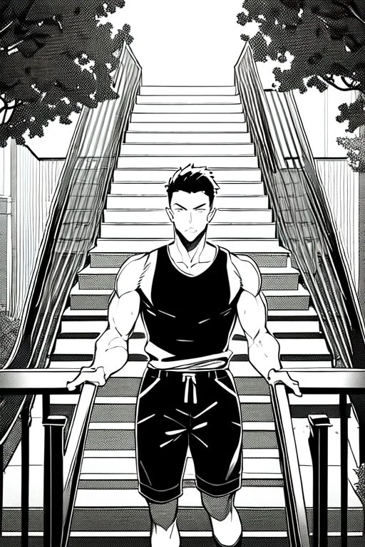 a boy in shorts sleeveless shirt climbs the stairs, greyscale