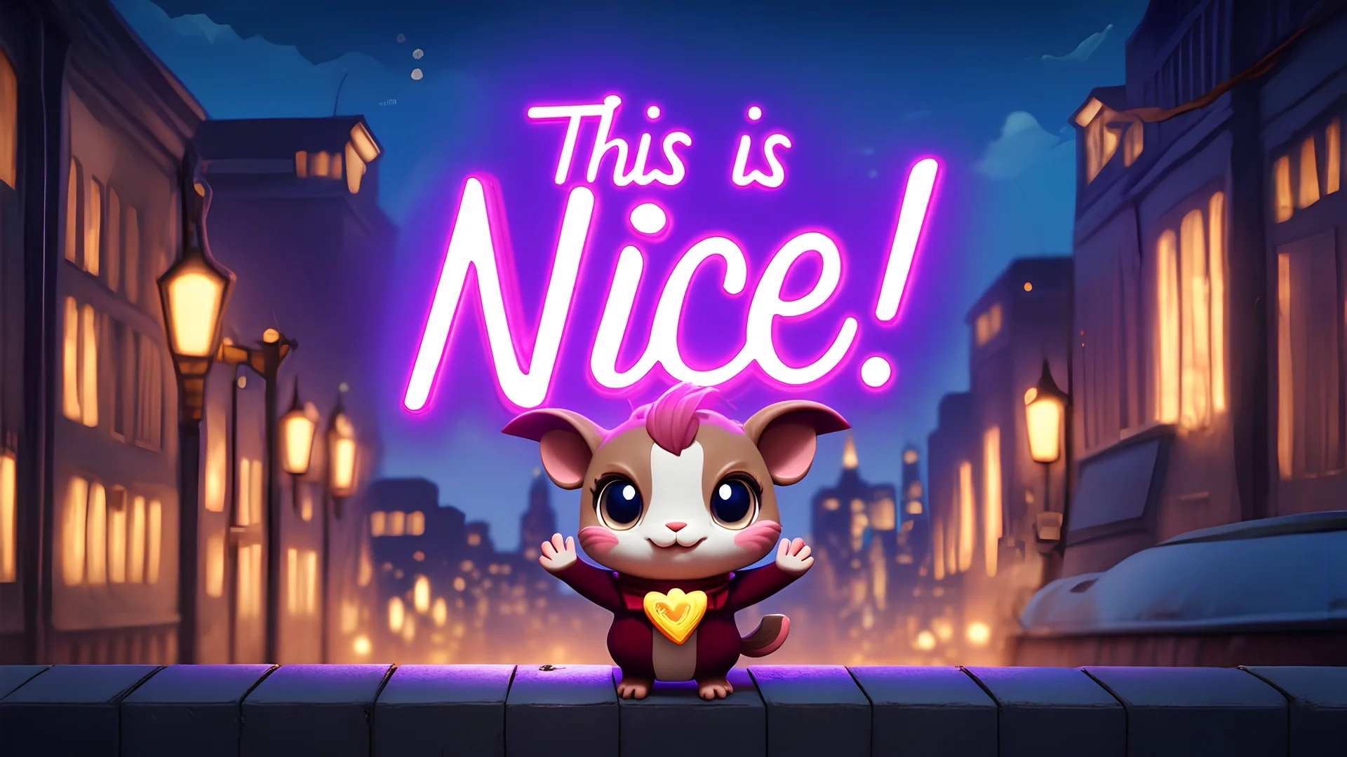 a cute magical creature holding a purple neon sign that says "This is nice!", cinematic, a city in the background