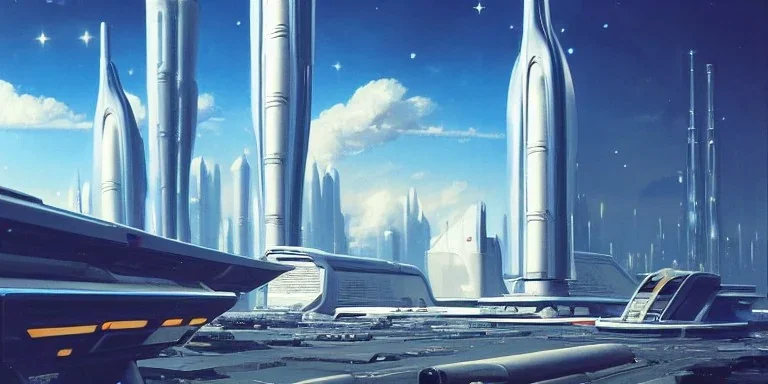 Spaceport on a heavy industrialized planet with futuristic high rise buildings with glass facades in the background and a docked spaceship in the foreground, retrofuturistic, art by John Berkey, brutalist architecture, insanely detailed, vibrant, 8k uhd, cinematic atmosphere, ultra-wide angle, street level view, brush strokes, blue sky with clouds, sharp focus