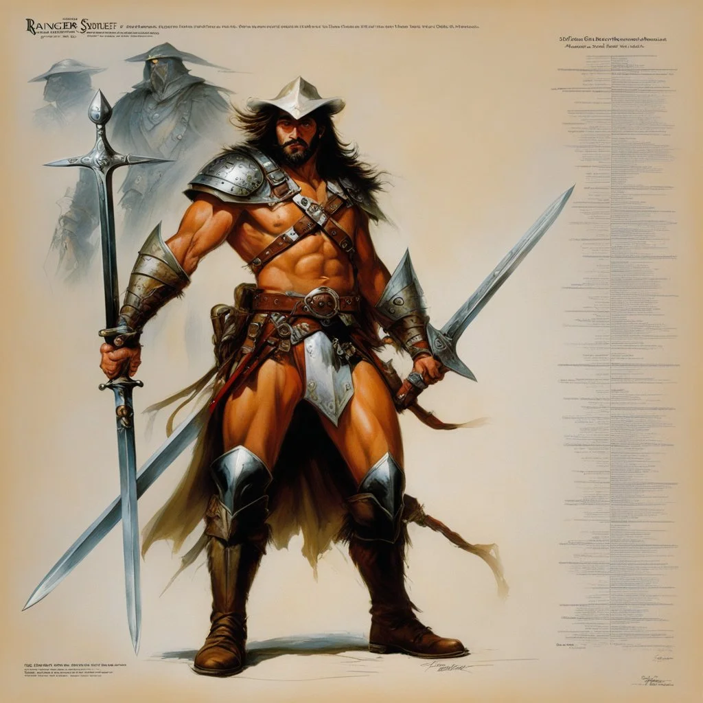 ConceptSheet [by Boris Vallejo]: ranger and his broad sword with AD&D statistics