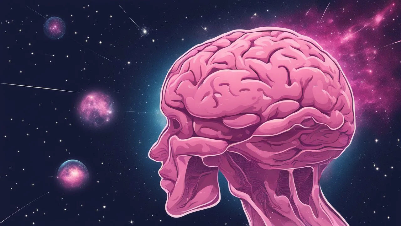 Comic style, bare transparent pink human brain flying trough the universe, background galaxy's