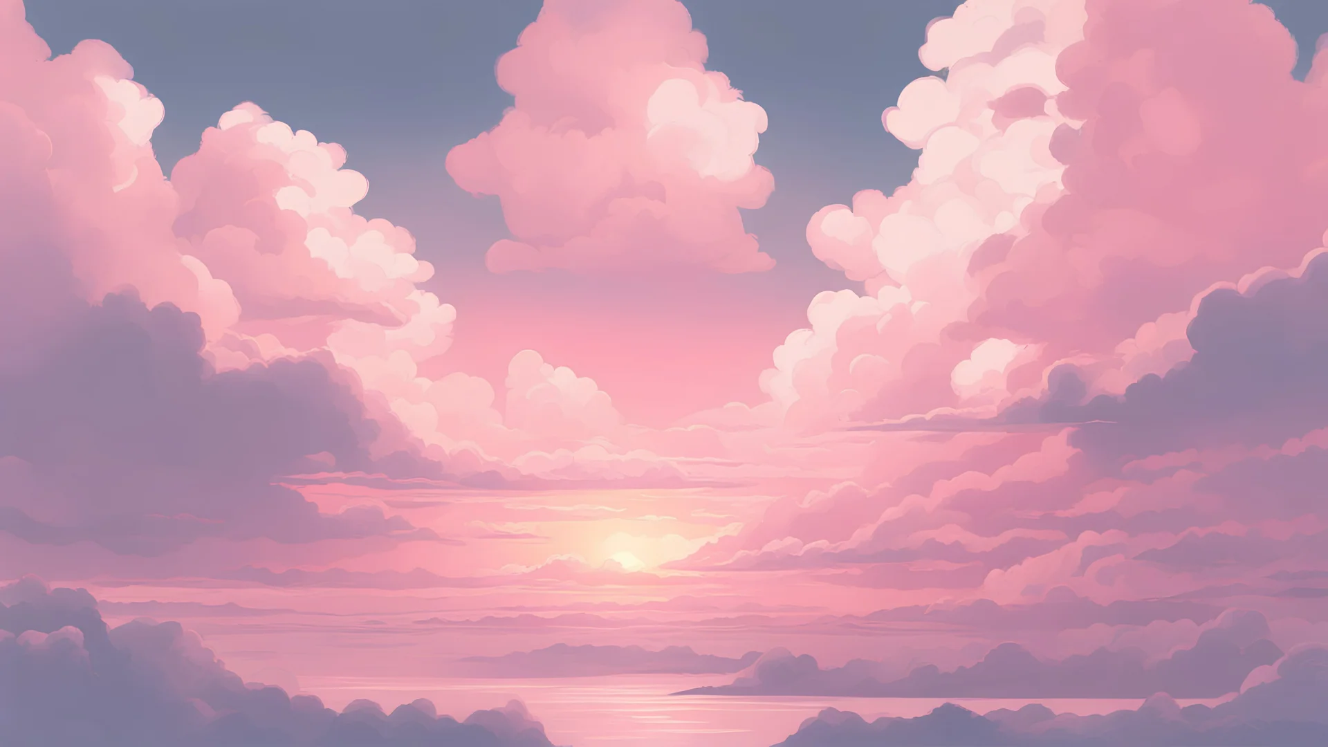 white clouds in pink, sunset sky, in the style of pastel, anime aesthetic