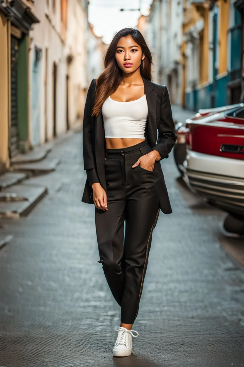 full body shot Young woman, 20 years old, wearing nice pant and top walk in street,looking to camera