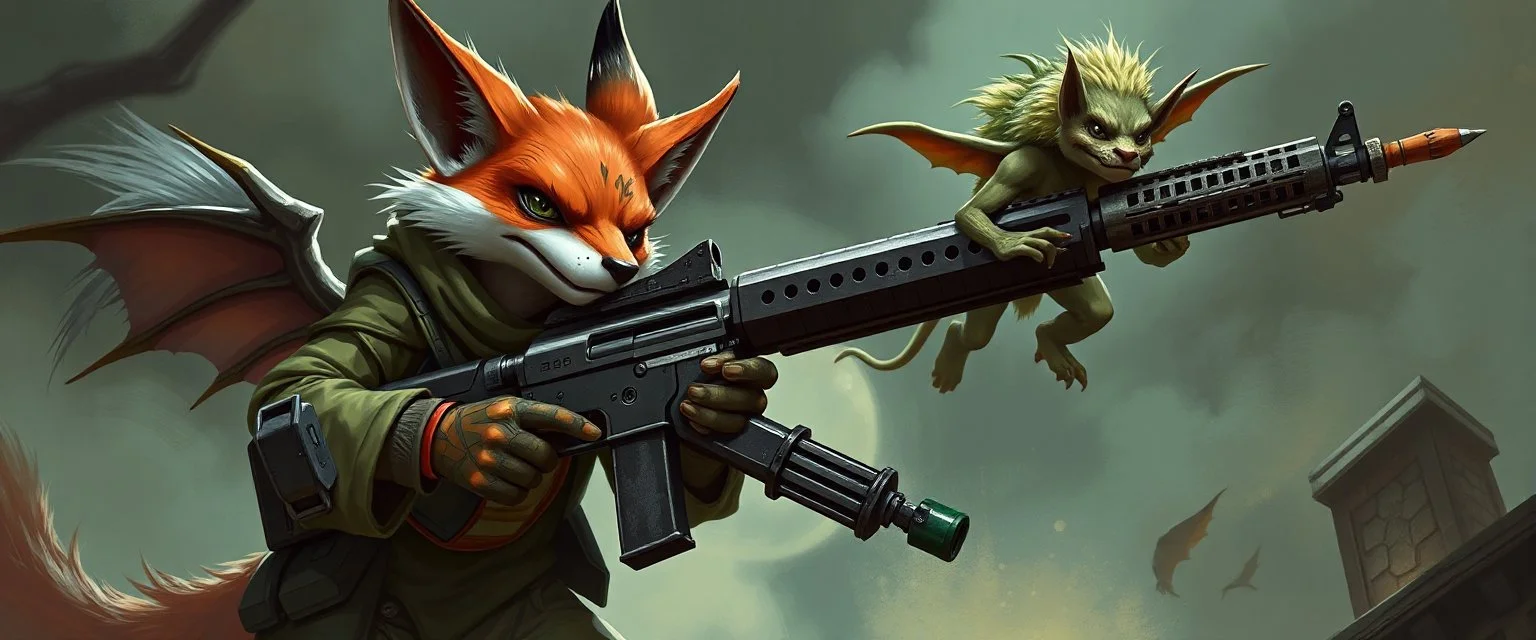 fox goblin gremlin holding uzi