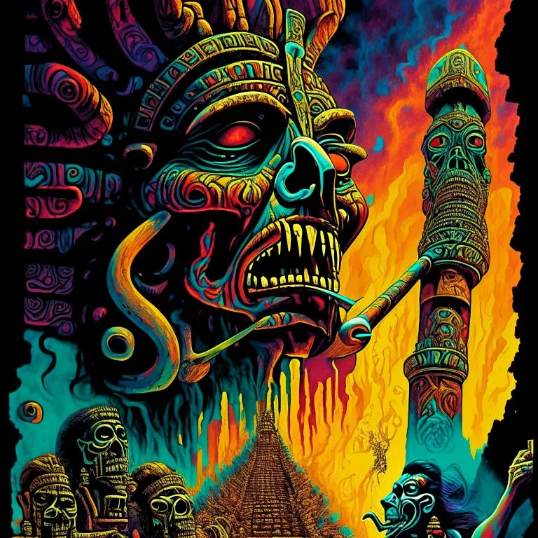 Mayan Death Whistle calling the ancient Mayan gods, expansive psychedelic hellish panorama, (no text) movie Poster art, color waterolor and pen illustration, sinister, concept art, oddball masterpiece, complex contrast, dynamic composition, rule of thirds, by Michael Whelan