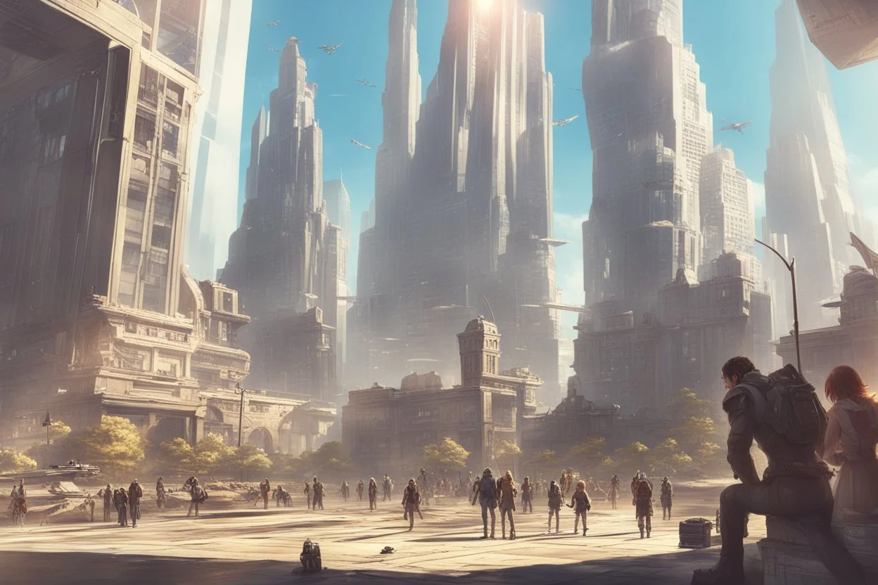 sunny day, city, sci-fi, people, epic